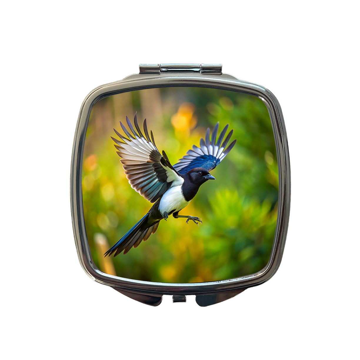 Black Billed Magpie Flying Backyard Bird Small Travel Purse Handbag Pocket Makeup Compact Mirror