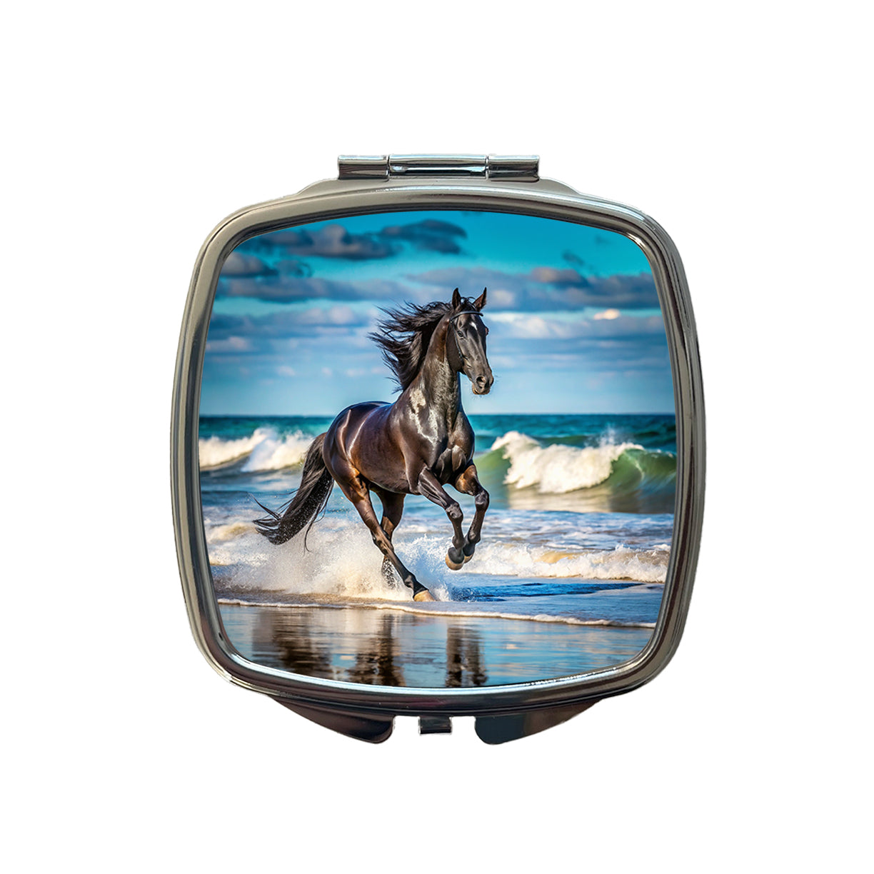 Black Horse Stallion Galloping On The Beach Small Travel Purse Handbag Pocket Makeup Compact Mirror