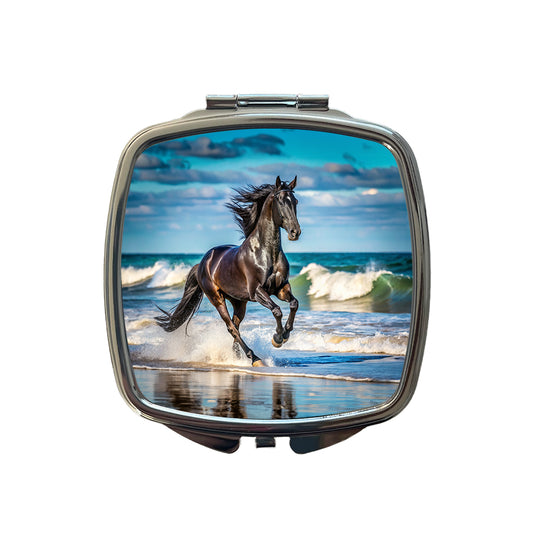 Black Horse Stallion Galloping On The Beach Small Travel Purse Handbag Pocket Makeup Compact Mirror