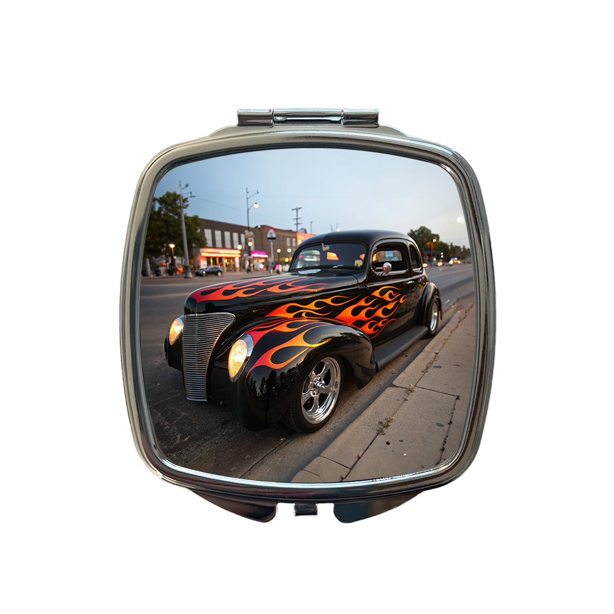 Black Hot Rod Classic Car With Flames Small Travel Purse Handbag Pocket Makeup Compact Mirror