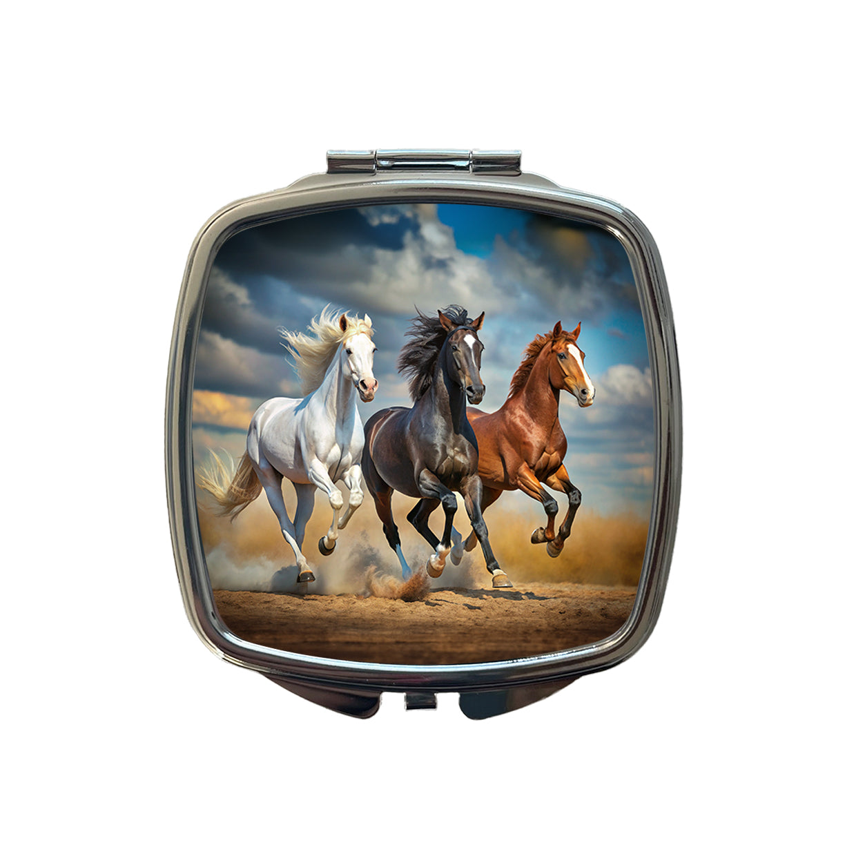 Black White and Brown Horses Galloping Small Travel Purse Handbag Pocket Makeup Compact Mirror
