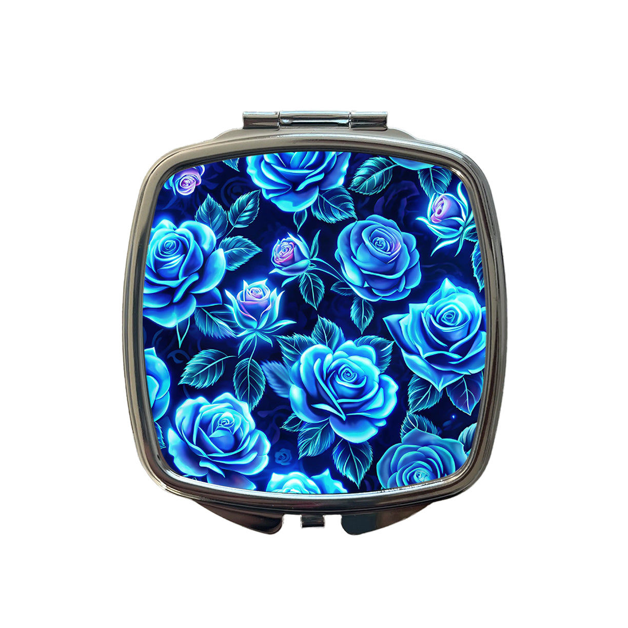 Blue Neon Rose Floral Pattern Small Travel Purse Handbag Pocket Makeup Compact Mirror