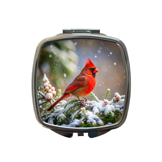 Cardinal In Winter Backyard Bird Small Travel Purse Handbag Pocket Makeup Compact Mirror