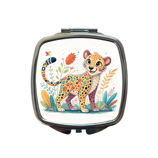 Cheetah Children's Illustration Style Small Travel Purse Handbag Pocket Makeup Compact Mirror