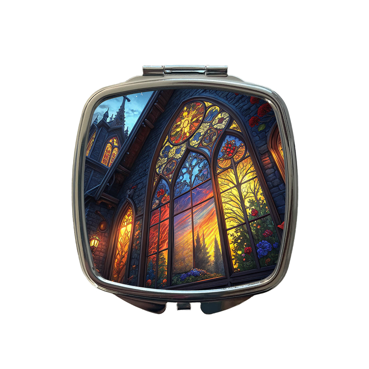 Church Stained Glass Windows at Night Small Travel Purse Handbag Pocket Makeup Compact Mirror