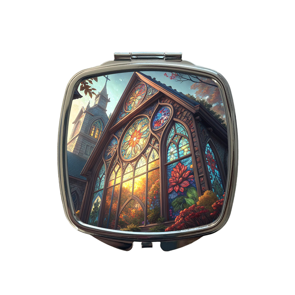 Church Stained Glass Windows Small Travel Purse Handbag Pocket Makeup Compact Mirror