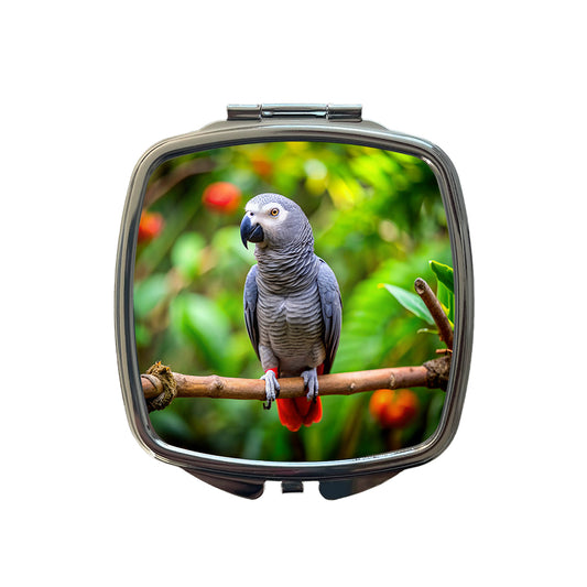 Congo African Grey Parrot Bird On Branch Small Travel Purse Handbag Pocket Makeup Compact Mirror
