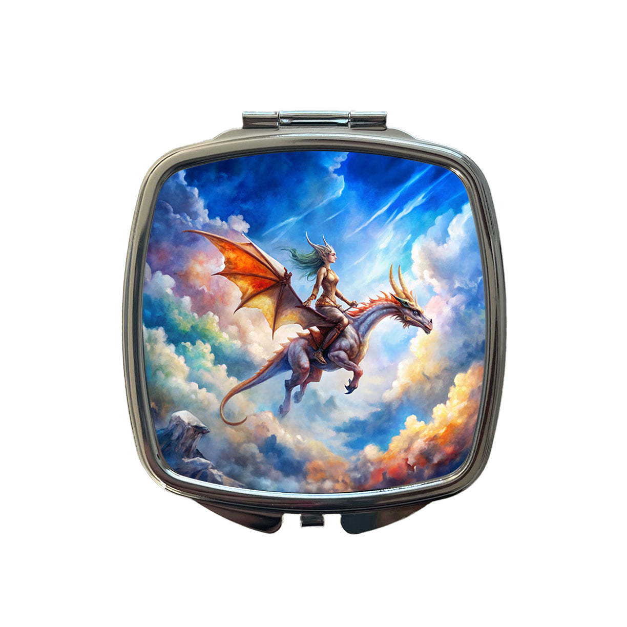Dragon and Rider Flying Watercolor Small Travel Purse Handbag Pocket Makeup Compact Mirror