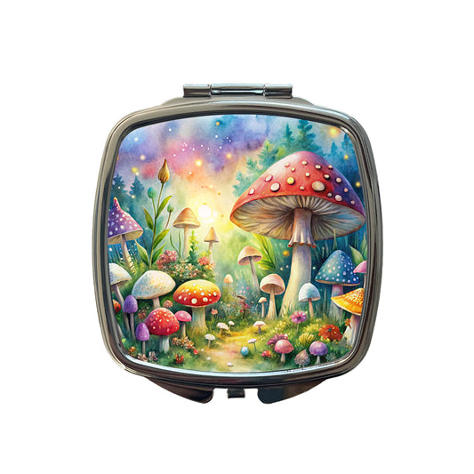 Fantastical Magical Mushroom Garden Watercolor Small Travel Purse Handbag Pocket Makeup Compact Mirror
