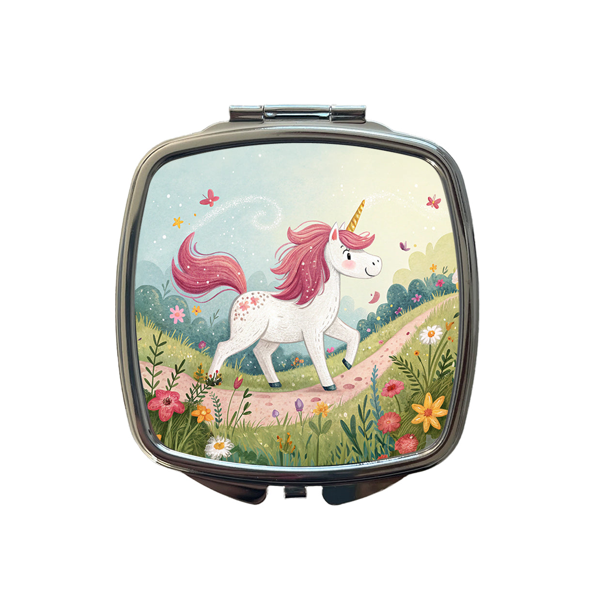 Fantasy Unicorn Children's Illustration Style Small Travel Purse Handbag Pocket Makeup Compact Mirror