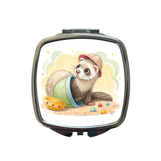 Ferret Children's Illustration Style Small Travel Purse Handbag Pocket Makeup Compact Mirror