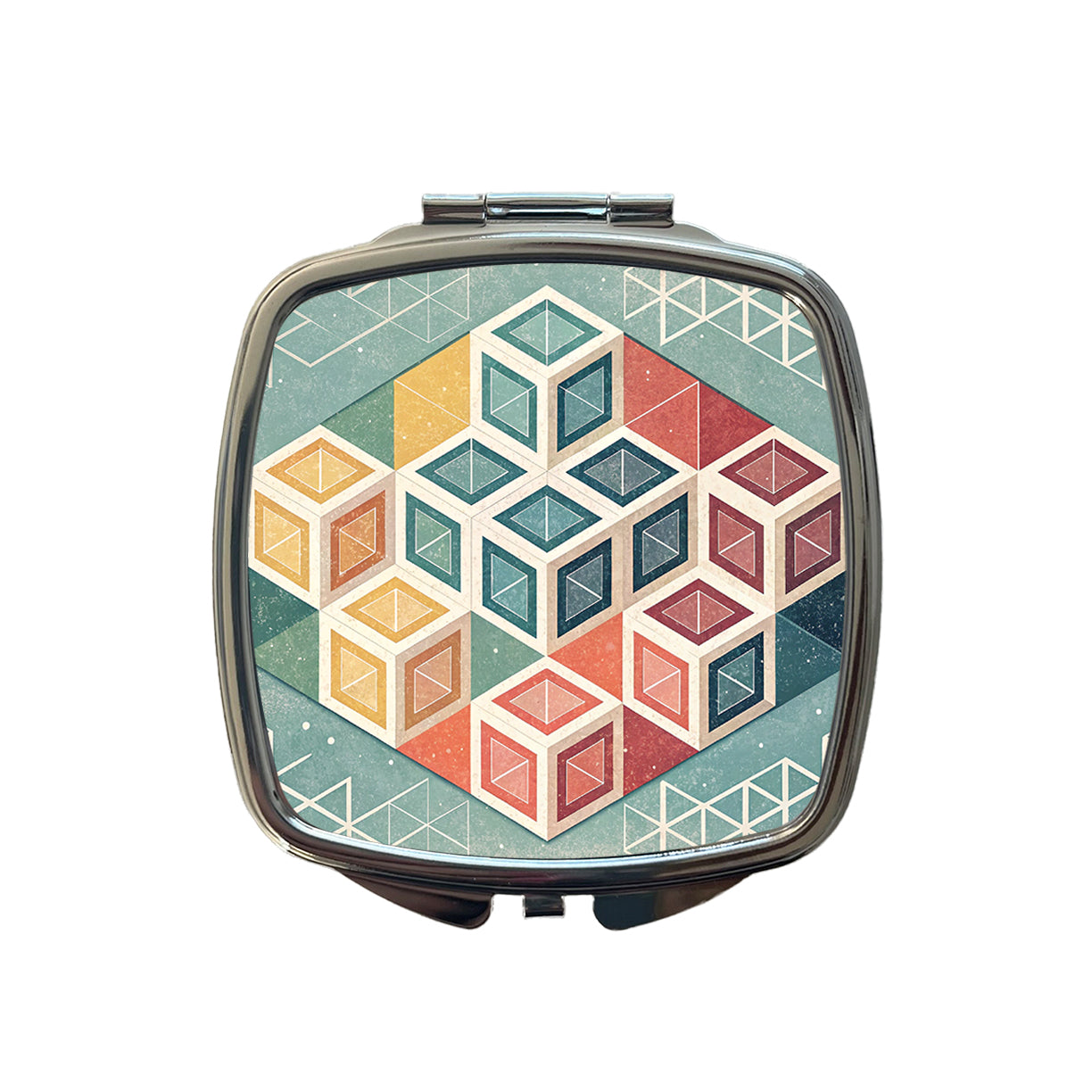 Geometric Cube Pattern Design Small Travel Purse Handbag Pocket Makeup Compact Mirror