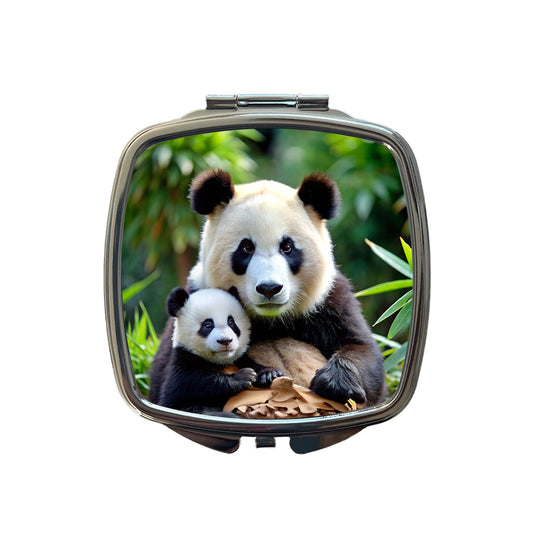 Giant Panda Mother With Baby Small Travel Purse Handbag Pocket Makeup Compact Mirror