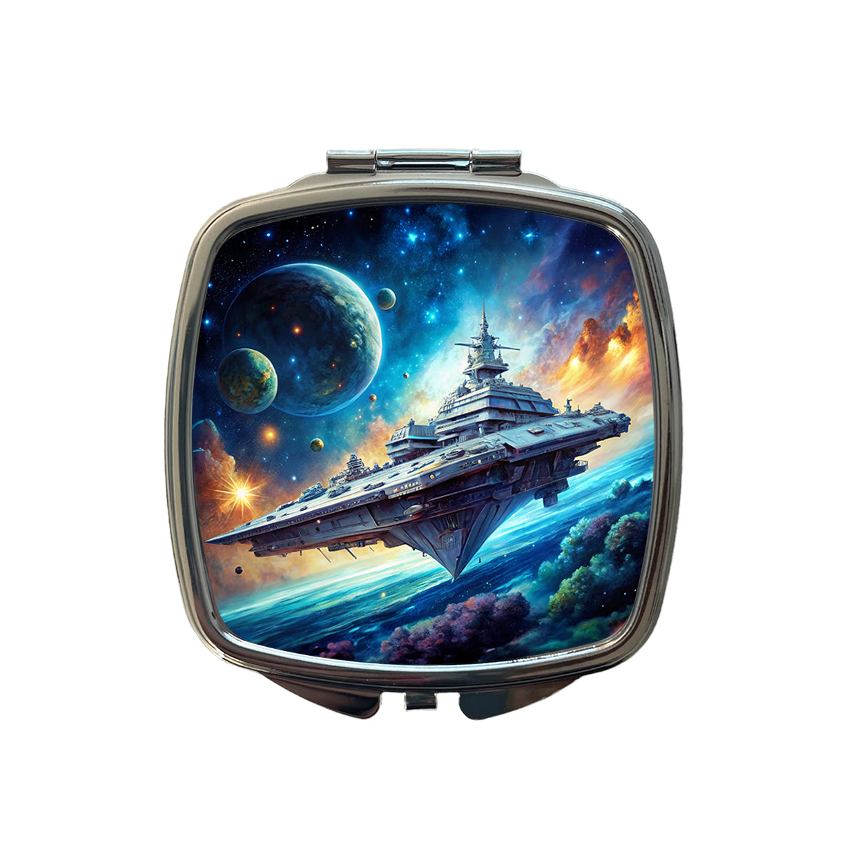 Giant Sci-Fi Warship In Space Watercolor Small Travel Purse Handbag Pocket Makeup Compact Mirror