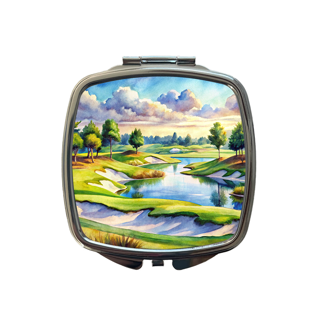 Golf Course With Sand Traps And Lake Watercolor Small Travel Purse Handbag Pocket Makeup Compact Mirror