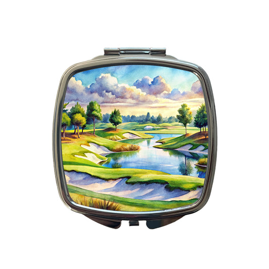 Golf Course With Sand Traps And Lake Watercolor Small Travel Purse Handbag Pocket Makeup Compact Mirror