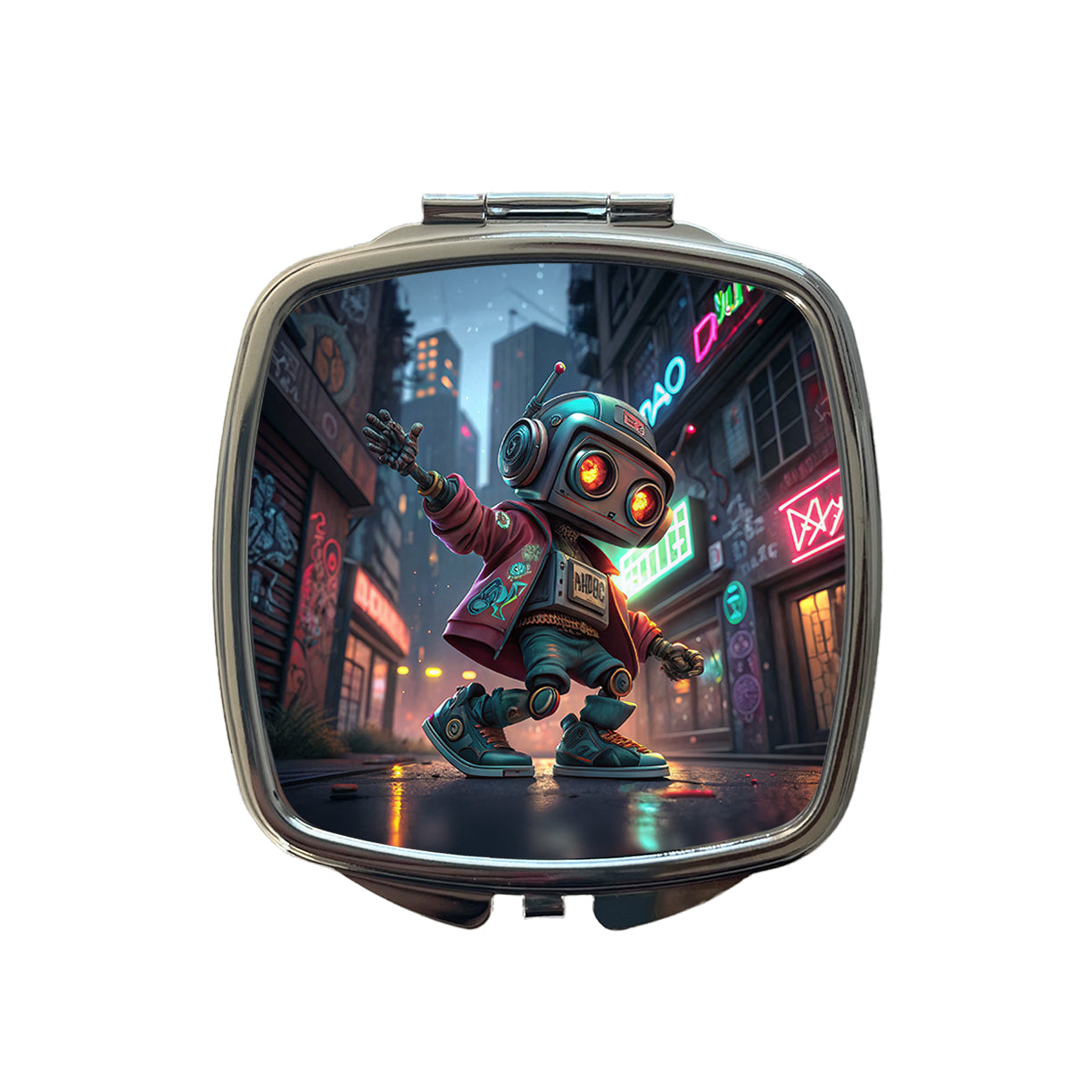 Hip Hop Sci-fi Dancing Robot Small Travel Purse Handbag Pocket Makeup Compact Mirror