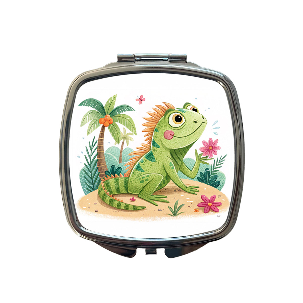 Iguana Lizard Children's Illustration Style Small Travel Purse Handbag Pocket Makeup Compact Mirror