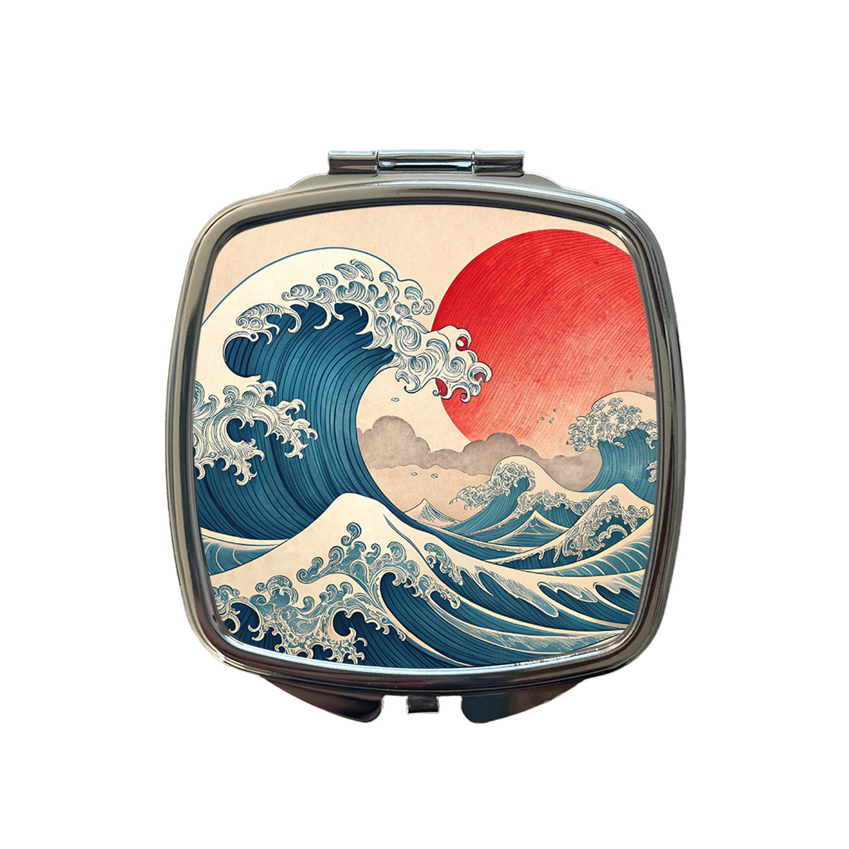 Japanese Blue Ocean Waves Large Sun Small Travel Purse Handbag Pocket Makeup Compact Mirror