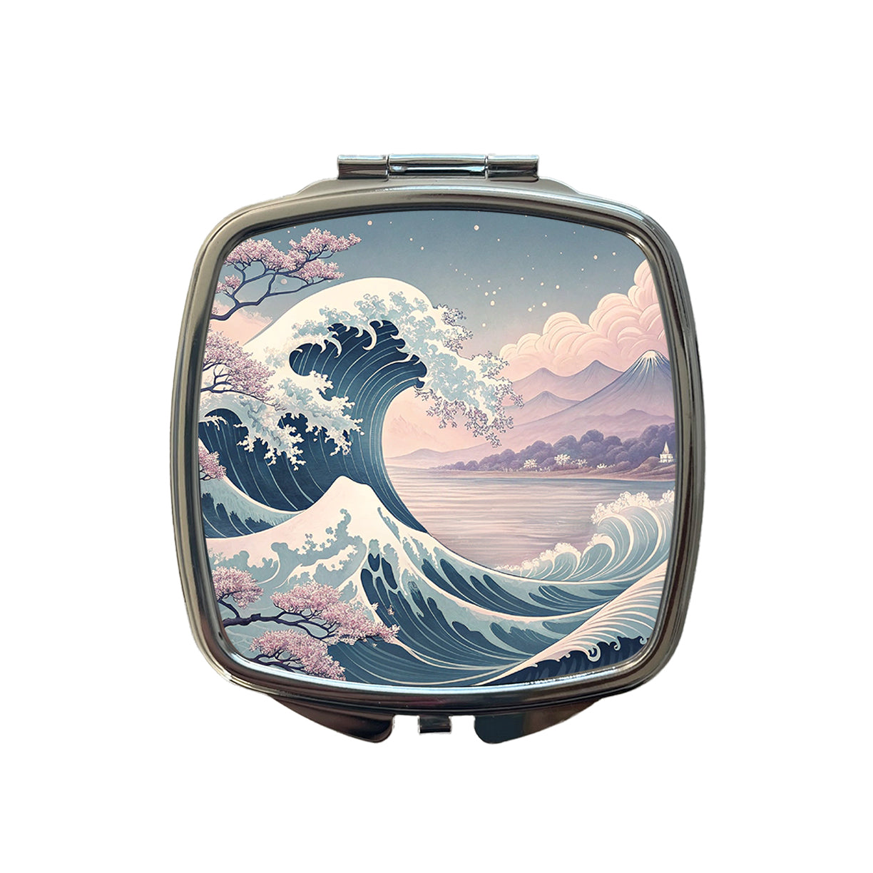Japanese Blue Pink Ocean Waves and Sakura Blossoms Small Travel Purse Handbag Pocket Makeup Compact Mirror