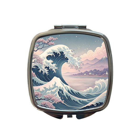 Japanese Blue Pink Ocean Waves and Sakura Blossoms Small Travel Purse Handbag Pocket Makeup Compact Mirror