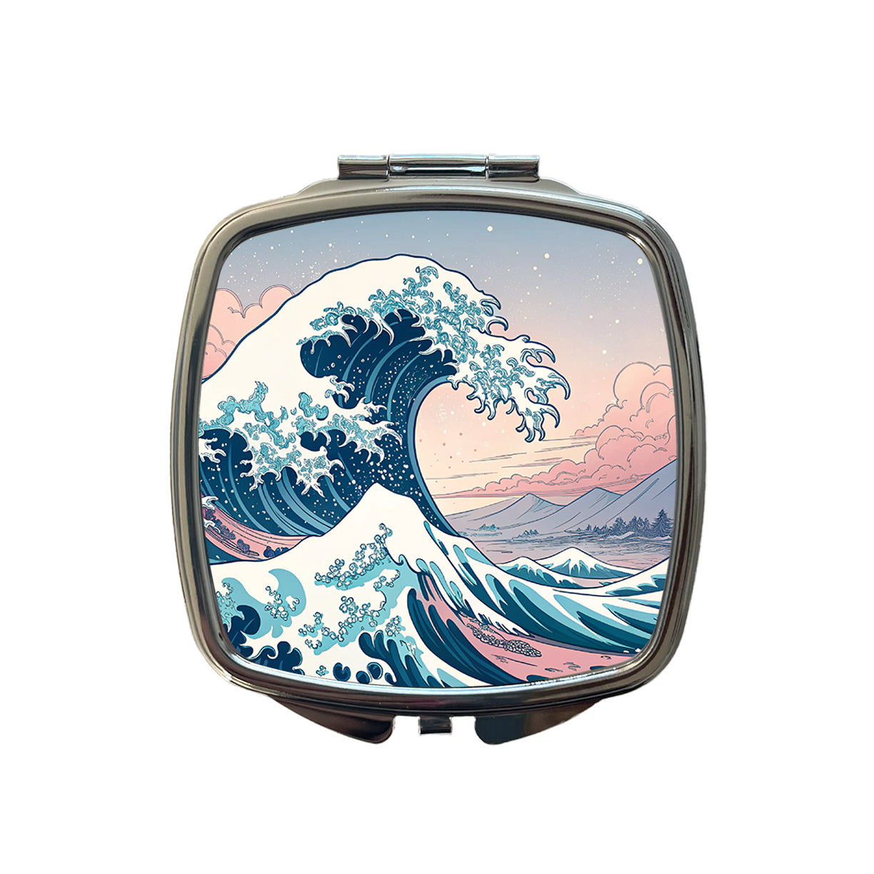 Japanese Blue Pink Ocean Waves Small Travel Purse Handbag Pocket Makeup Compact Mirror