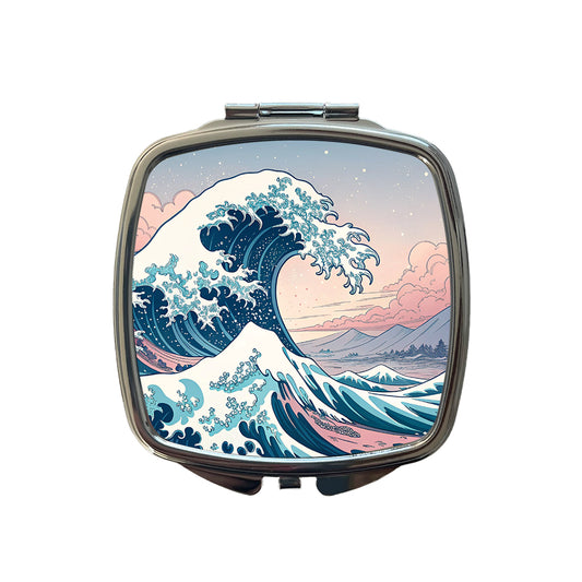 Japanese Blue Pink Ocean Waves Small Travel Purse Handbag Pocket Makeup Compact Mirror