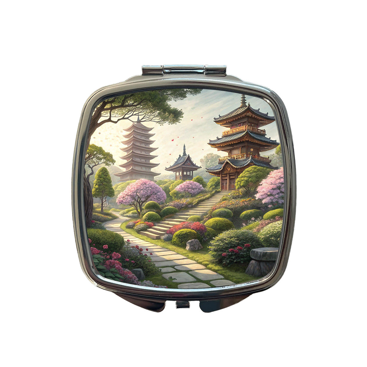 Japanese Garden With Pagodas Small Travel Purse Handbag Pocket Makeup Compact Mirror