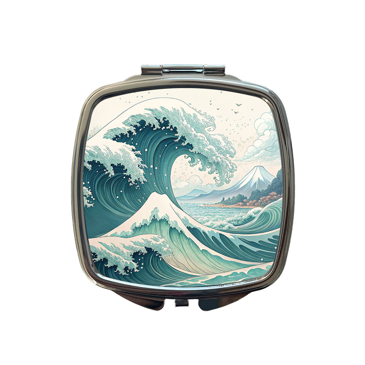 Japanese Ocean Waves Cartoon Small Travel Purse Handbag Pocket Makeup Compact Mirror
