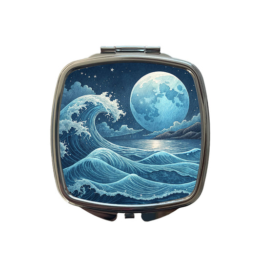 Japanese Ocean Waves Under Large Moon Small Travel Purse Handbag Pocket Makeup Compact Mirror