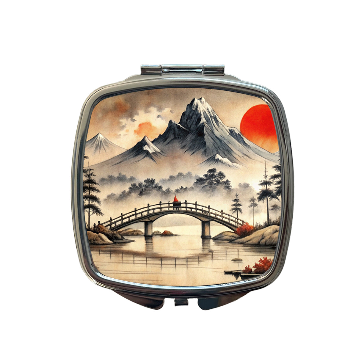 Japanese Style Ink Painting Bridge Over Water Landscape Small Travel Purse Handbag Pocket Makeup Compact Mirror