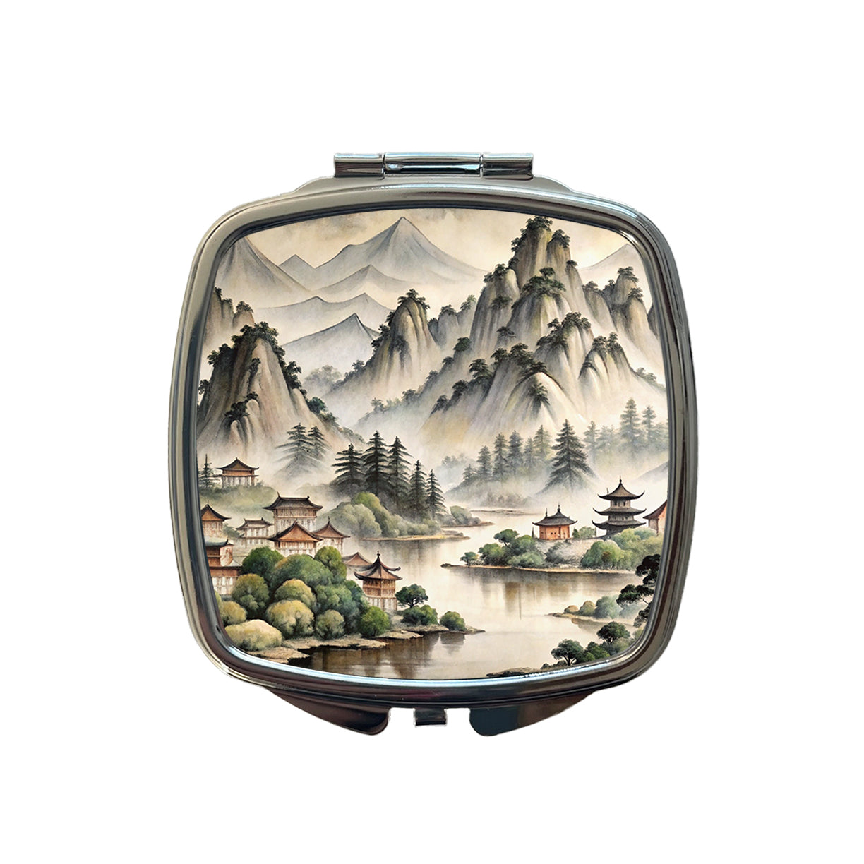 Japanese Style Ink Painting Lake and Mountains Landscape Small Travel Purse Handbag Pocket Makeup Compact Mirror