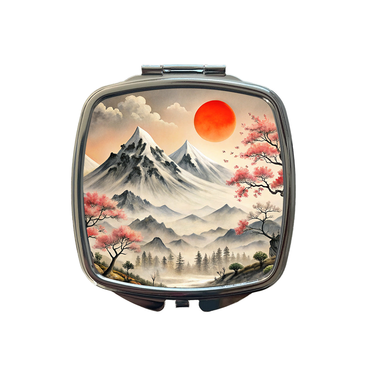 Japanese Style Ink Painting Landscape Mountains Under Red Sun Small Travel Purse Handbag Pocket Makeup Compact Mirror