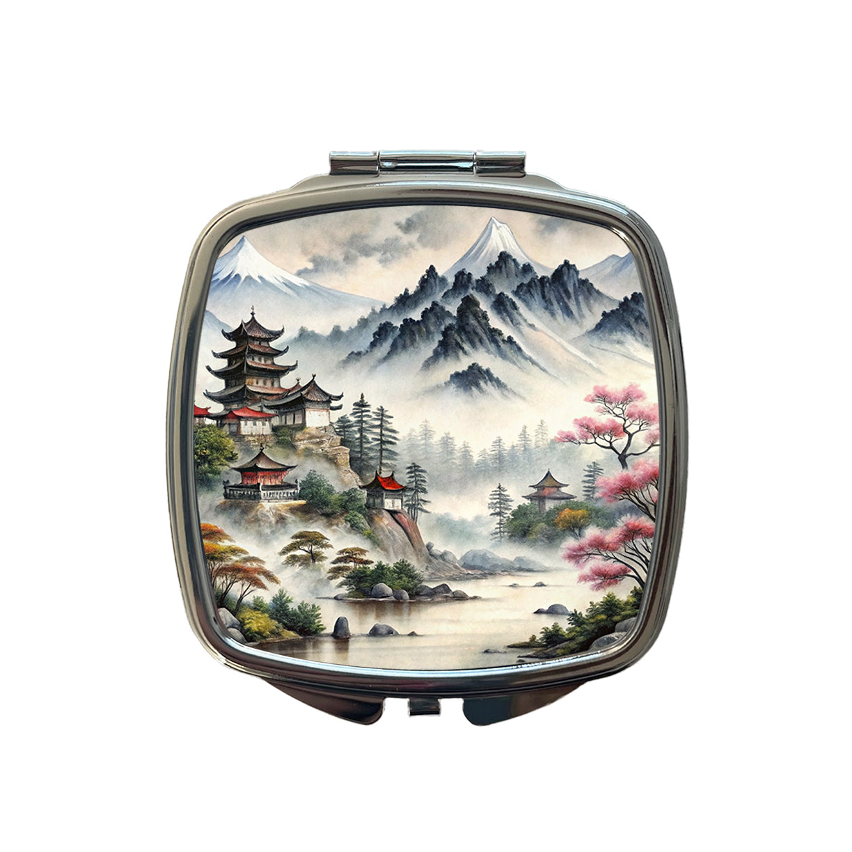 Japanese Style Ink Painting Mountain Landscape Small Travel Purse Handbag Pocket Makeup Compact Mirror