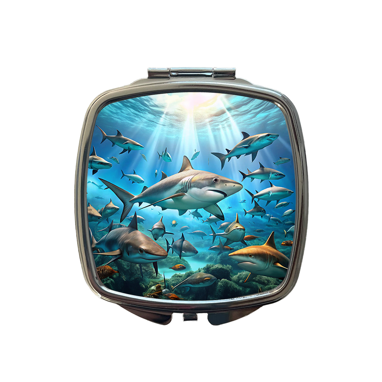 Lots Of Swimming Sharks Small Travel Purse Handbag Pocket Makeup Compact Mirror