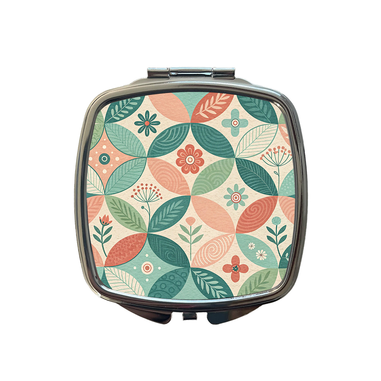 Mid-Century Flower Leaf Pattern Design Small Travel Purse Handbag Pocket Makeup Compact Mirror