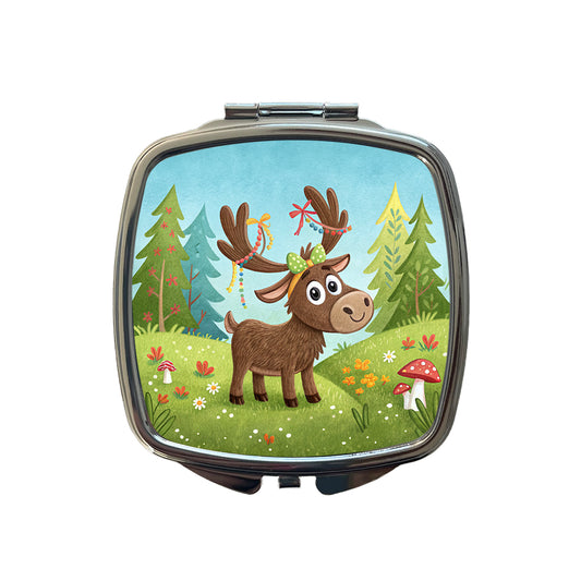 Moose Children's Illustration Style Small Travel Purse Handbag Pocket Makeup Compact Mirror