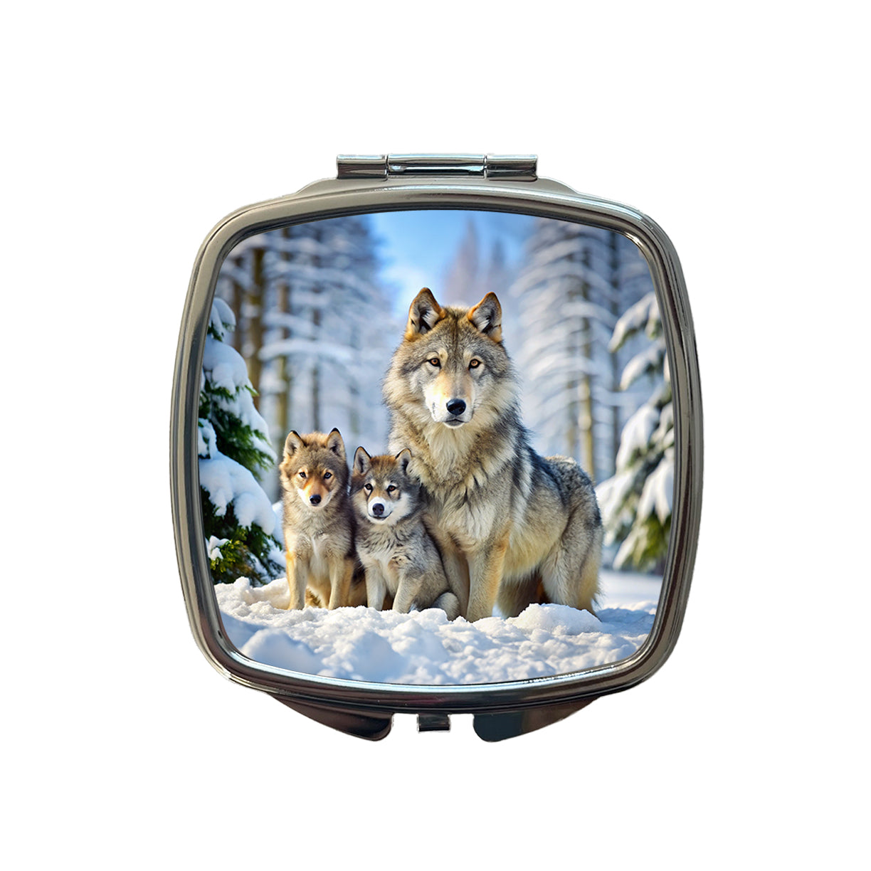 Mother Wolf And Pups In Winter Small Travel Purse Handbag Pocket Makeup Compact Mirror