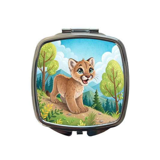Mountain Lion Cougar Children's Illustration Style Small Travel Purse Handbag Pocket Makeup Compact Mirror
