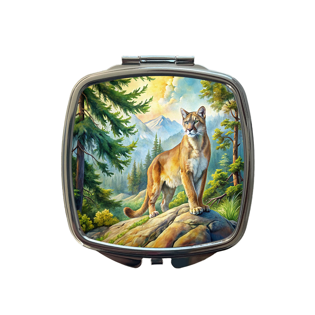 Mountain Lion Cougar In Woods Watercolor Small Travel Purse Handbag Pocket Makeup Compact Mirror