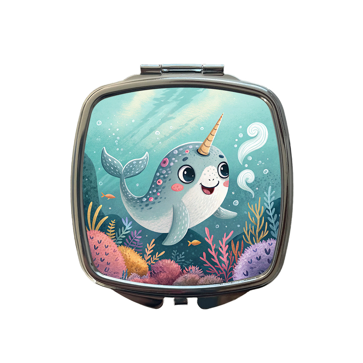 Narwhal Children's Illustration Style Small Travel Purse Handbag Pocket Makeup Compact Mirror