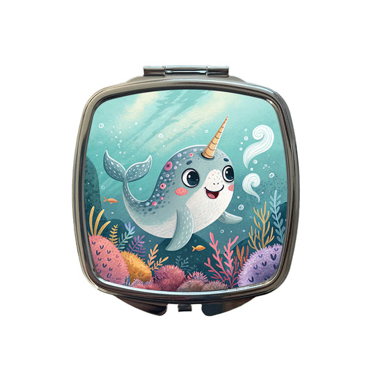 Narwhal Children's Illustration Style Small Travel Purse Handbag Pocket Makeup Compact Mirror