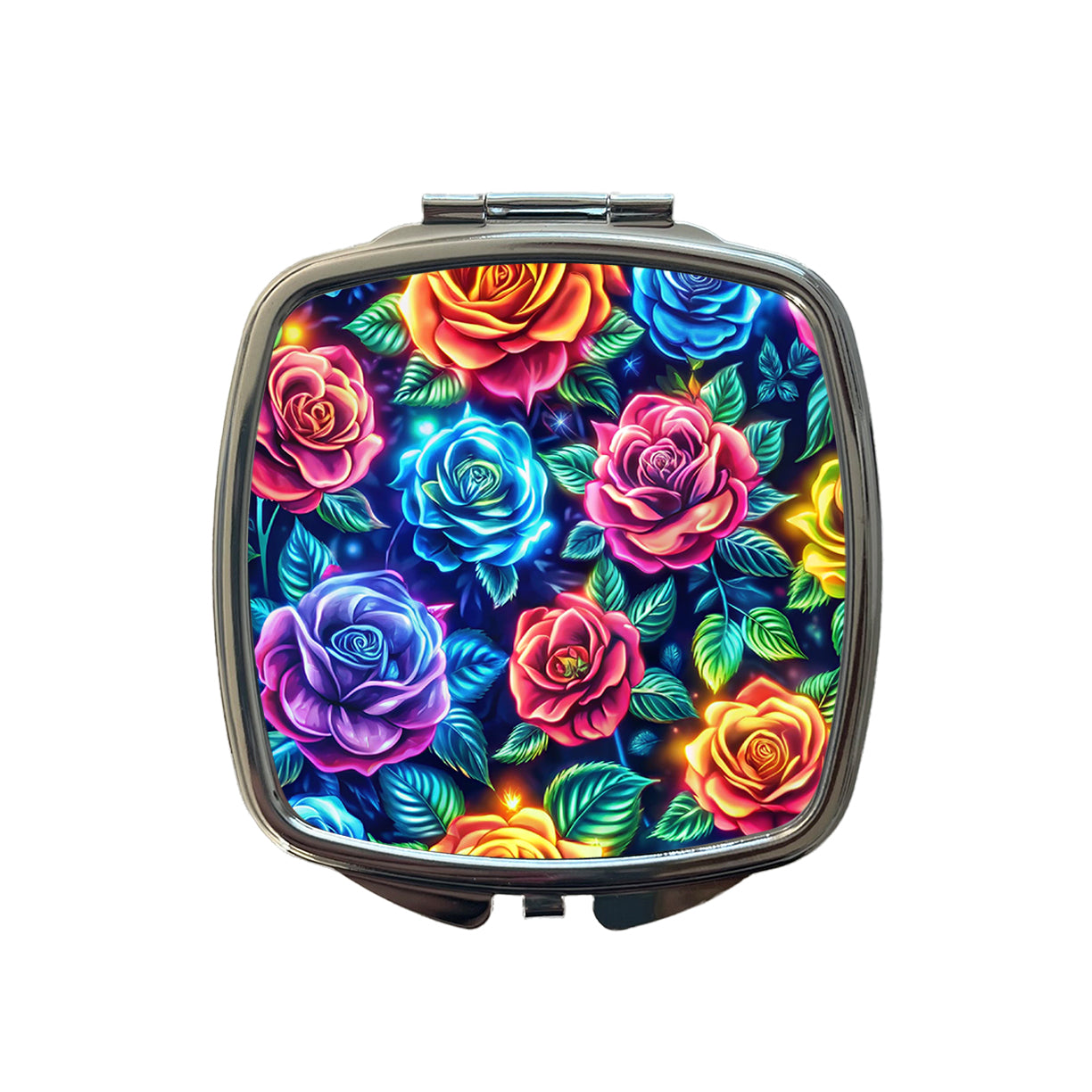 Neon Colorful Rose Floral Pattern Small Travel Purse Handbag Pocket Makeup Compact Mirror