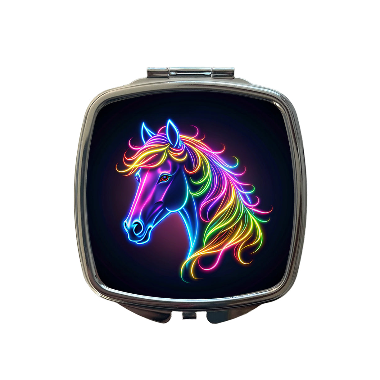 Neon Horse Head Small Travel Purse Handbag Pocket Makeup Compact Mirror