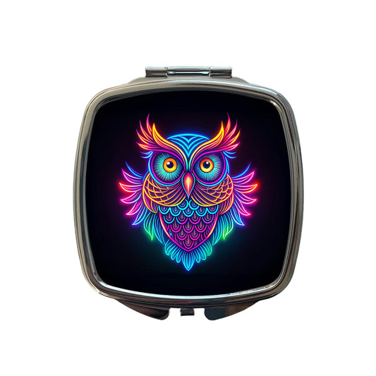 Neon Owl Small Travel Purse Handbag Pocket Makeup Compact Mirror