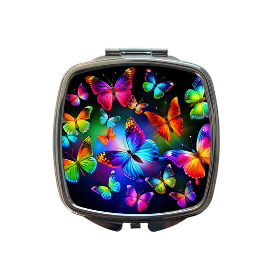 Neon Rainbow Colorful Butterflies Small Travel Purse Handbag Pocket Makeup Compact Mirror