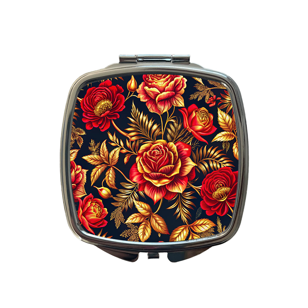 Neon Red And Gold Rose Floral Pattern Small Travel Purse Handbag Pocket Makeup Compact Mirror
