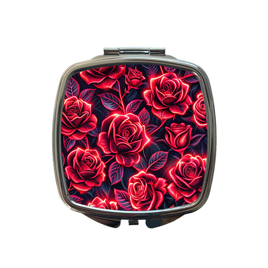 Neon Red Rose Floral Pattern Small Travel Purse Handbag Pocket Makeup Compact Mirror