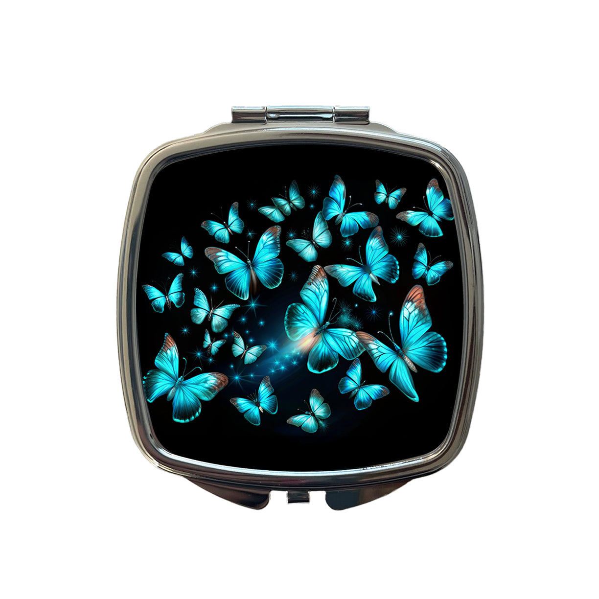 Neon Teal Blue Butterflies Small Travel Purse Handbag Pocket Makeup Compact Mirror