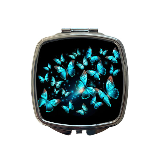 Neon Teal Blue Butterflies Small Travel Purse Handbag Pocket Makeup Compact Mirror